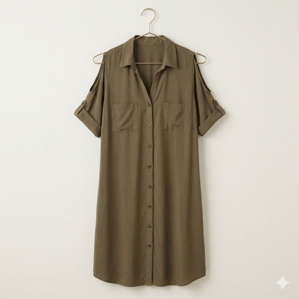 Vintage Forever 21 Cold Shoulder Shirt Dress Olive Green Size Small EUC